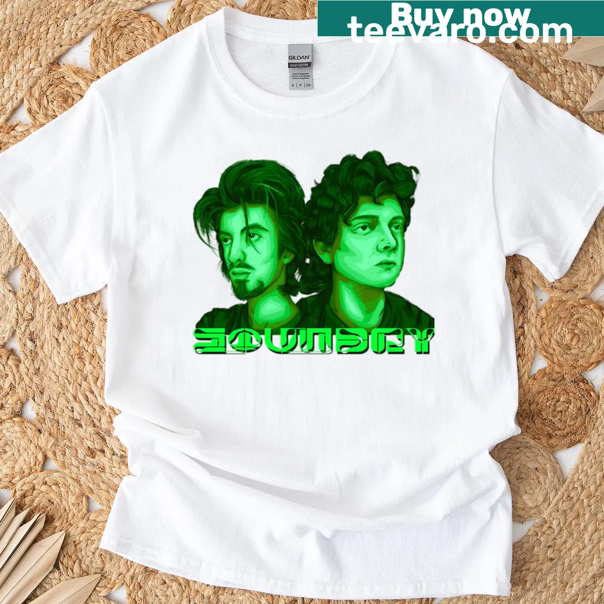 Soundrys Green Edition t-shirt with detailed nature illustration — on a men's t-shirt
