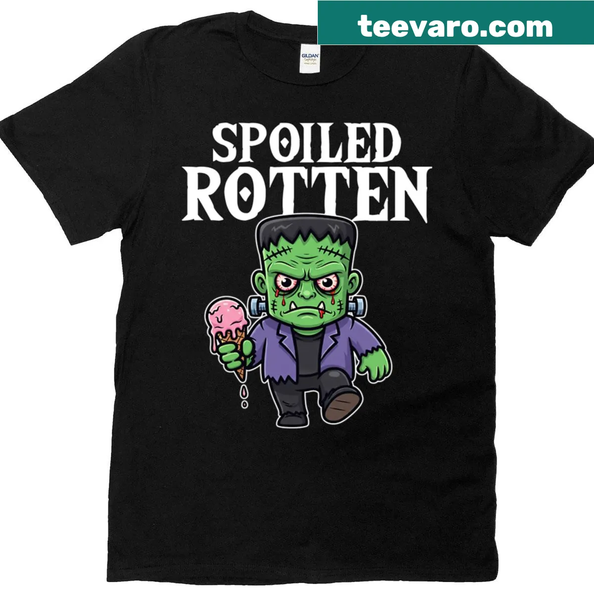 Oversized Halloween tee with cartoon Frankenstein and humorous text. — on a men's t-shirt