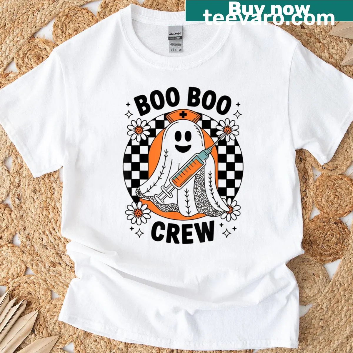 Cute Halloween ghost illustration with nurse-themed text — on a men's t-shirt