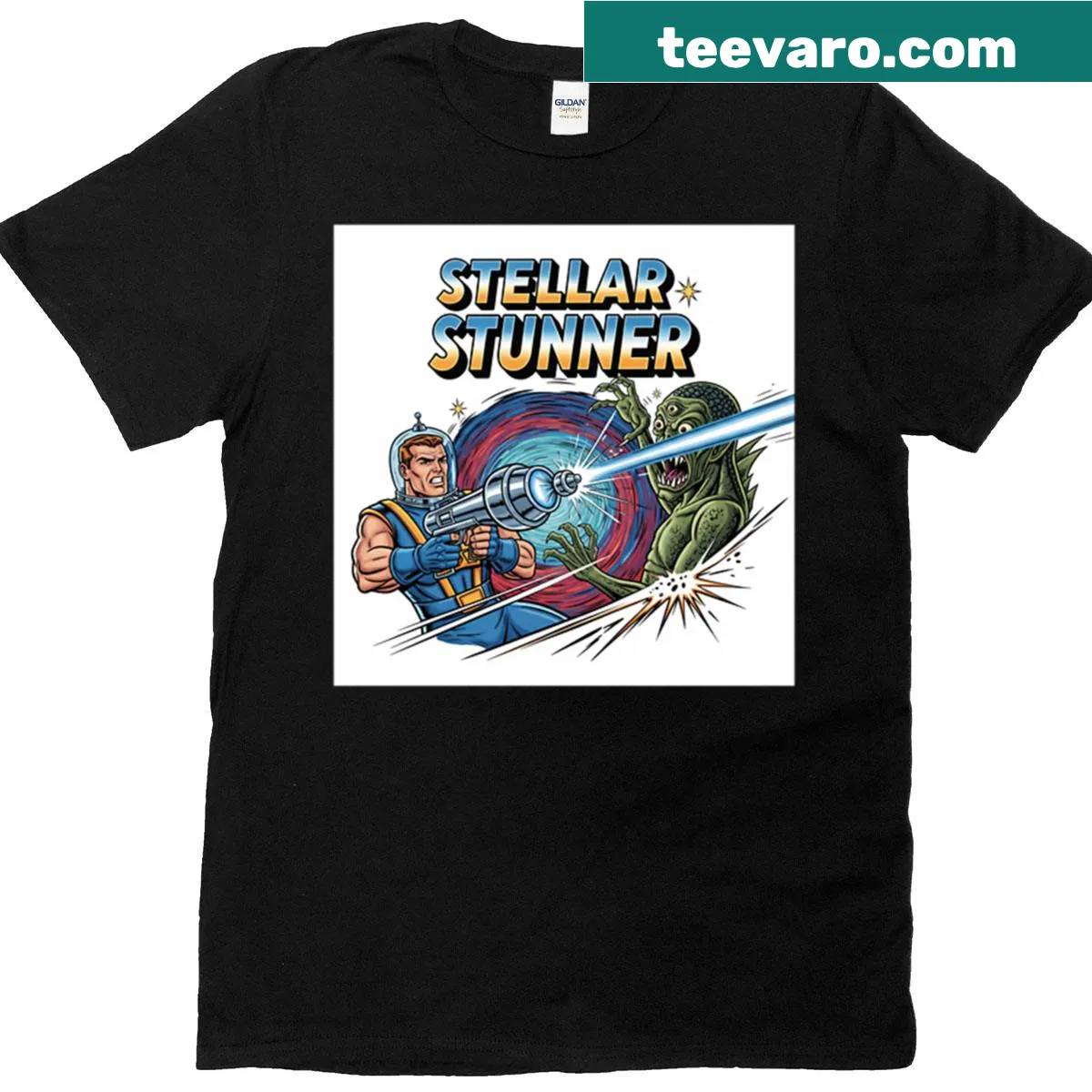 Bold graphic T-shirt featuring a cosmic design — on a men's t-shirt