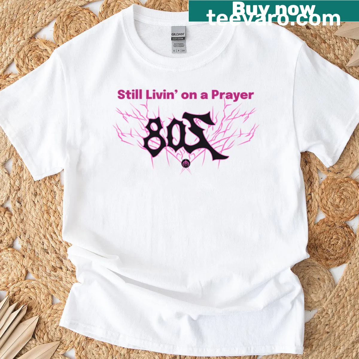 Inspirational Still Livin On A Prayer t-shirt with bold typography — on a men's t-shirt