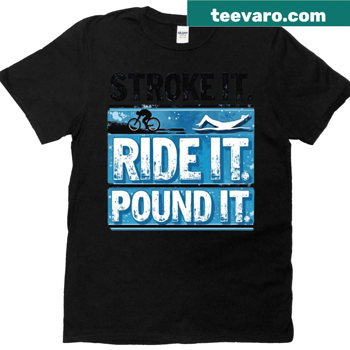 Motivational t-shirt for triathlon featuring fun sports phrases — on a men's t-shirt