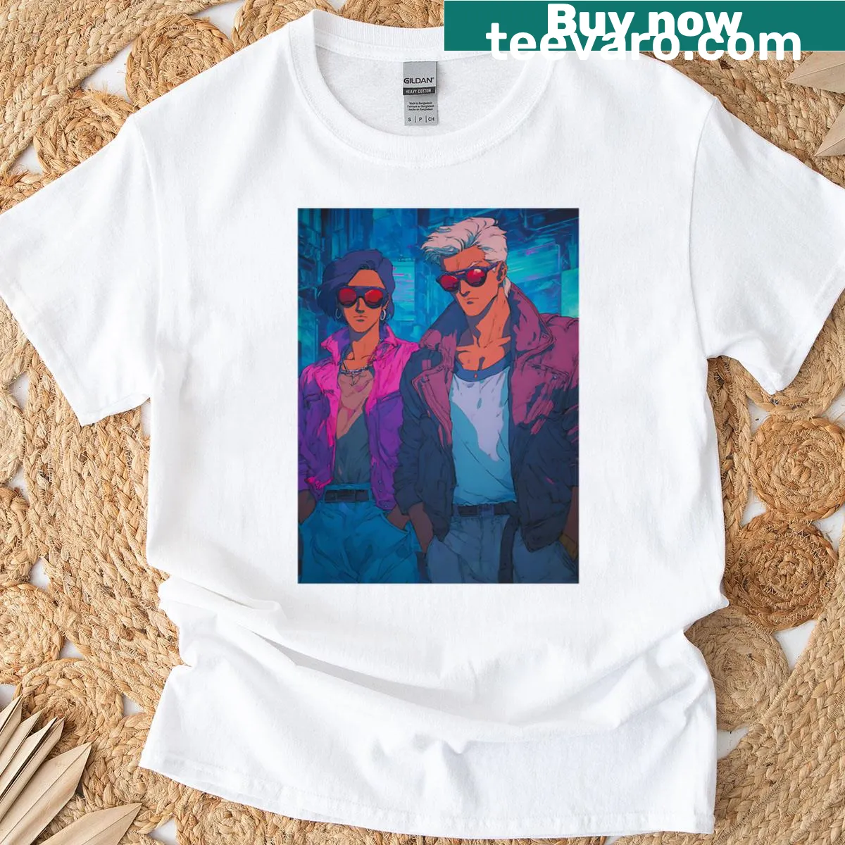 Timeless neon animation T-shirt inspired by synthwave and anime — on a men's t-shirt