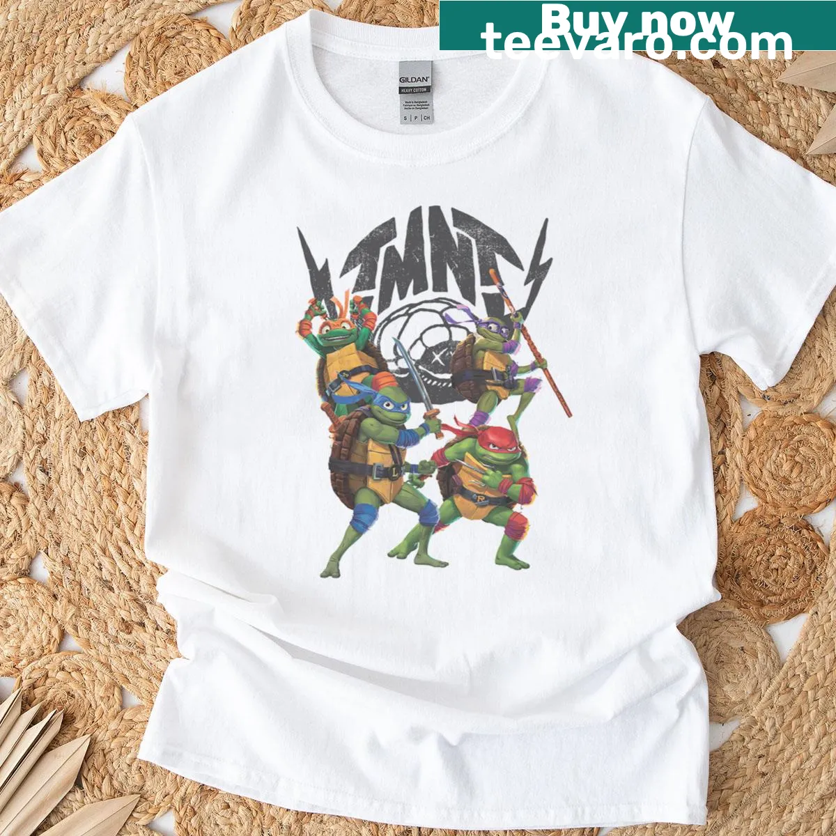 Distressed TMNT logo featuring the hero lineup of turtles — on a men's t-shirt