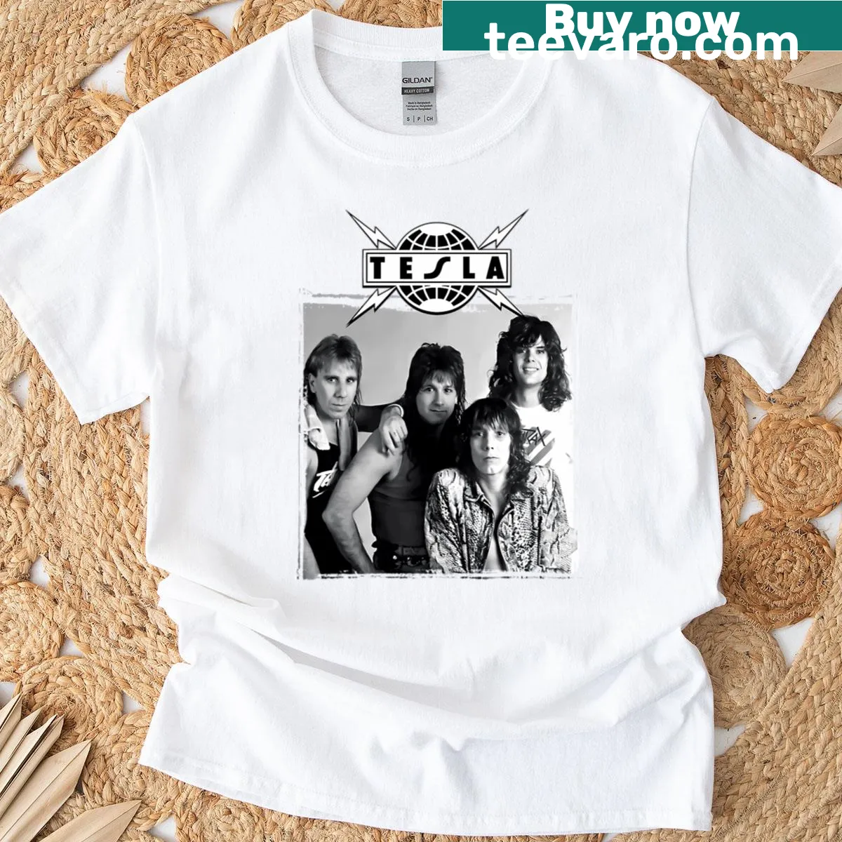 T-shirt featuring an illustrated portrait of the rock band Tesla. — on a men's t-shirt