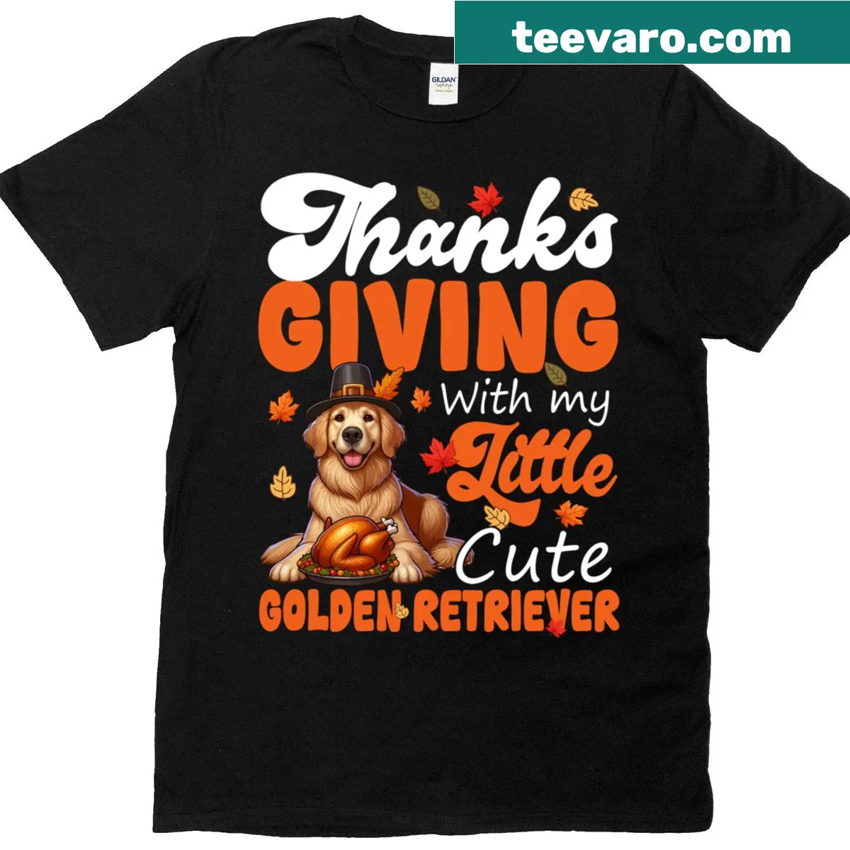 Cute golden retriever with turkey illustration T-shirt — on a men's t-shirt