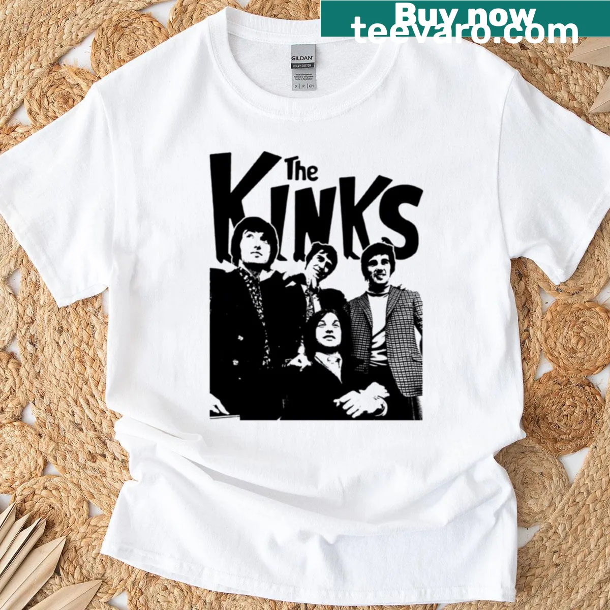 Artistic graphic of The Kinks band on a rock T-shirt — on a men's t-shirt