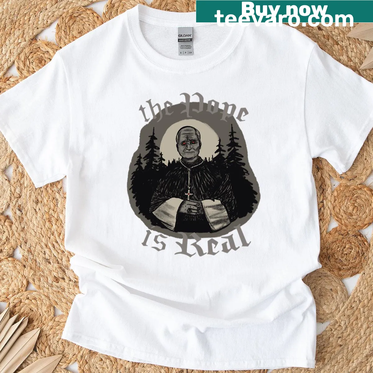 Oversized T-shirt featuring a whimsical Pope cryptid design — on a men's t-shirt