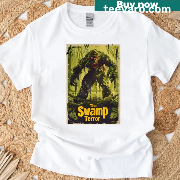 Vintage horror movie poster design on oversized shirt