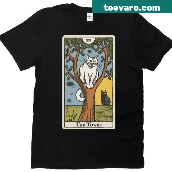 Vintage cat tarot card design on a whimsical T-shirt