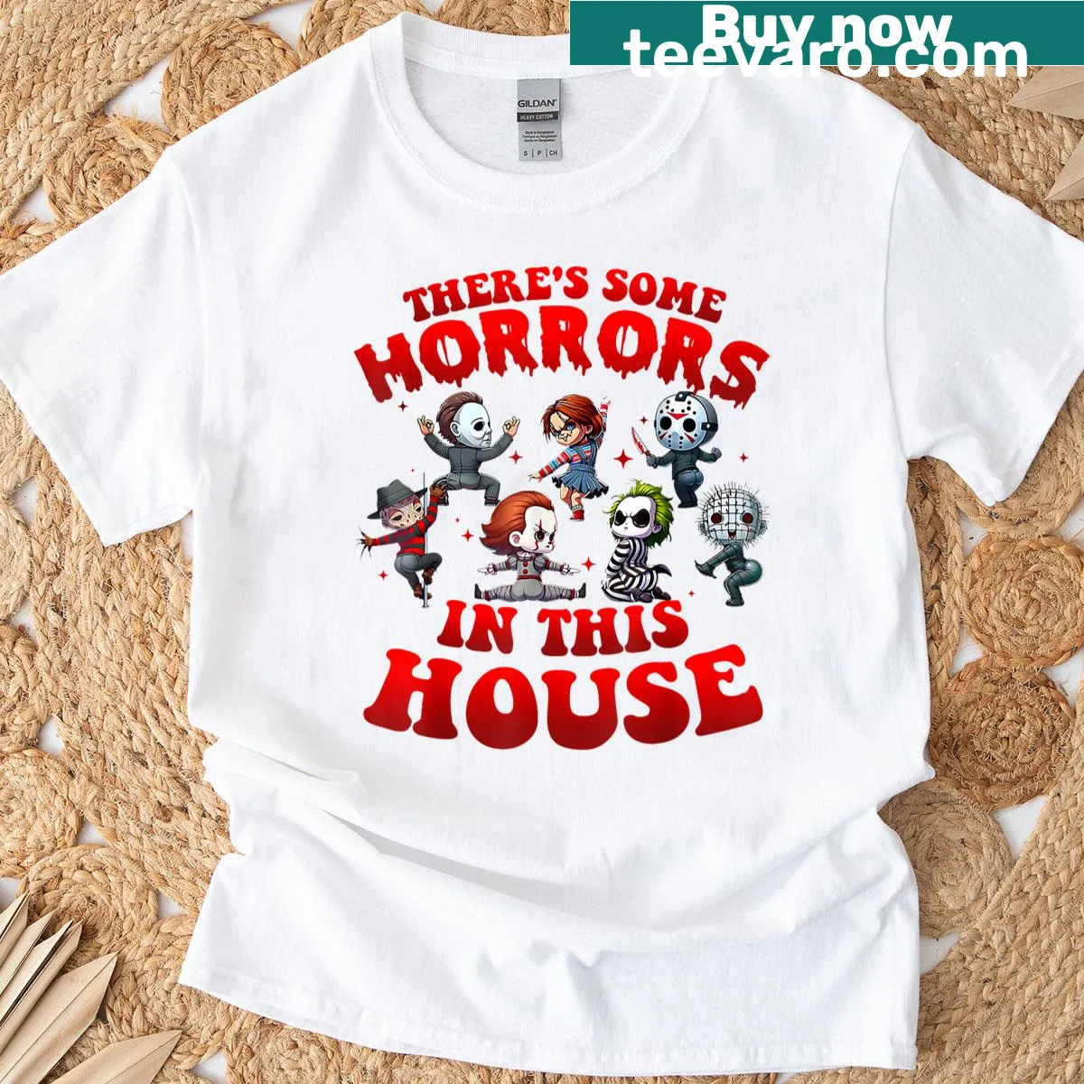Funny horror-themed t-shirt with playful characters — on a men's t-shirt