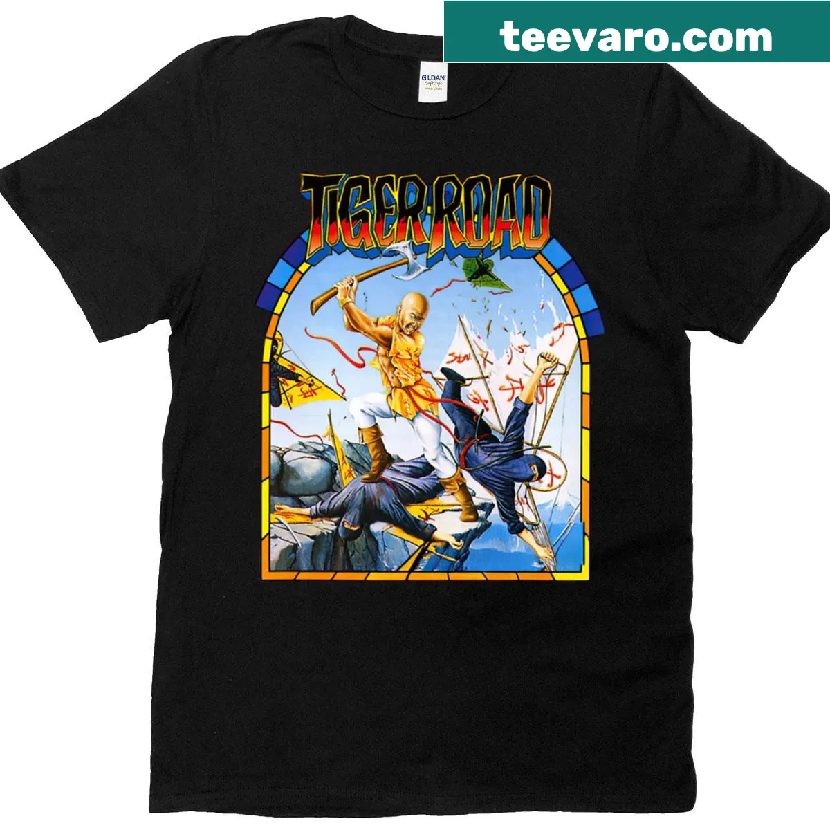 Tiger Road Game Cover graphic t-shirt featuring a fierce tiger design — on a men's t-shirt