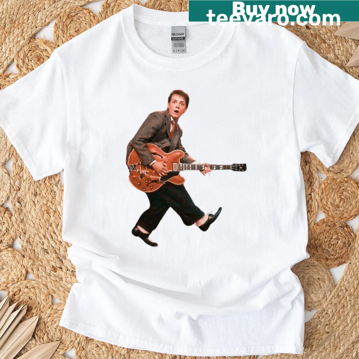 Retro 80s guitar hero graphic on nostalgic music T-shirt — on a men's t-shirt