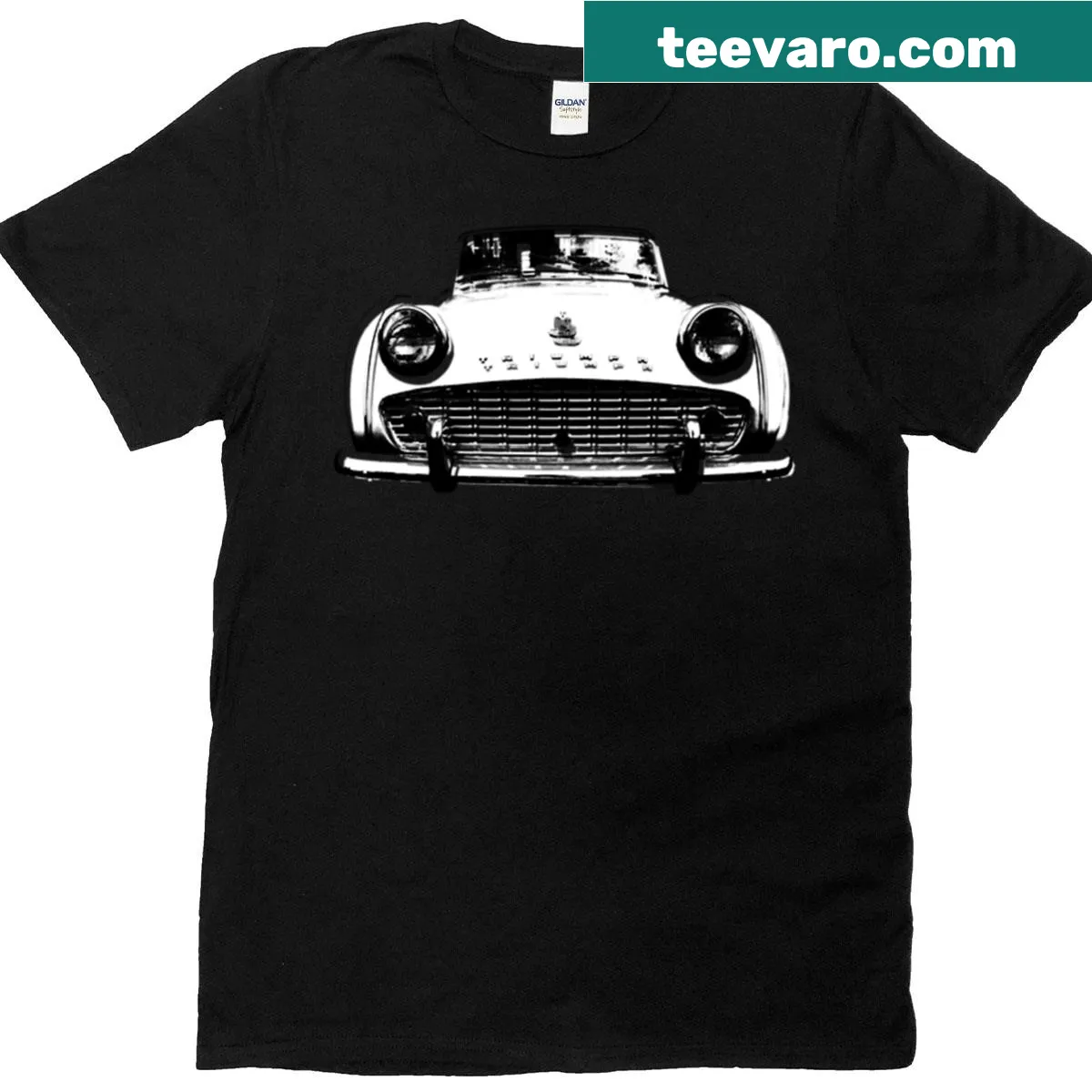 Vintage Triumph TR3 T-shirt featuring black-and-white classic car graphic — on a men's t-shirt