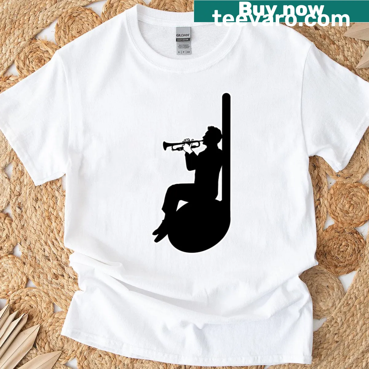 Illustration of a trumpet and quarter note on an oversized shirt — on a men's t-shirt