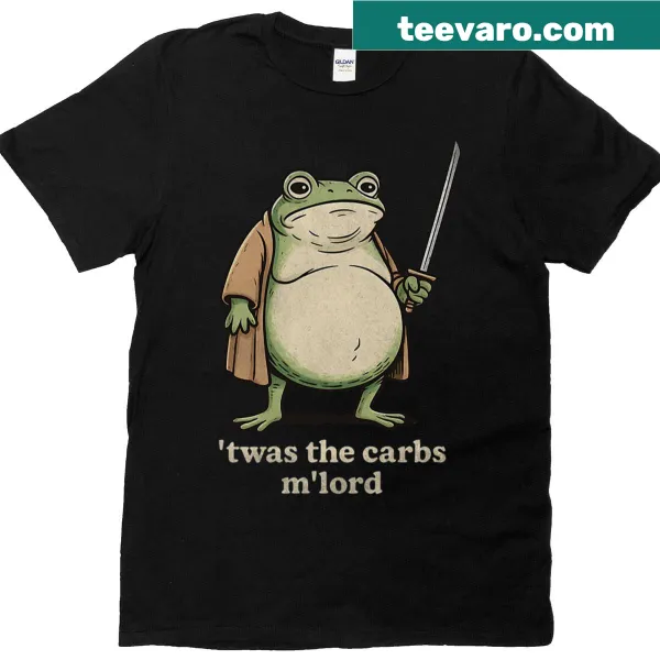 Funny t-shirt with the text 'Twas The Carbs M Lord' for food lovers.