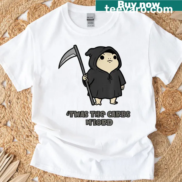Cartoon graphic t-shirt with 'Twas The Carbs' text