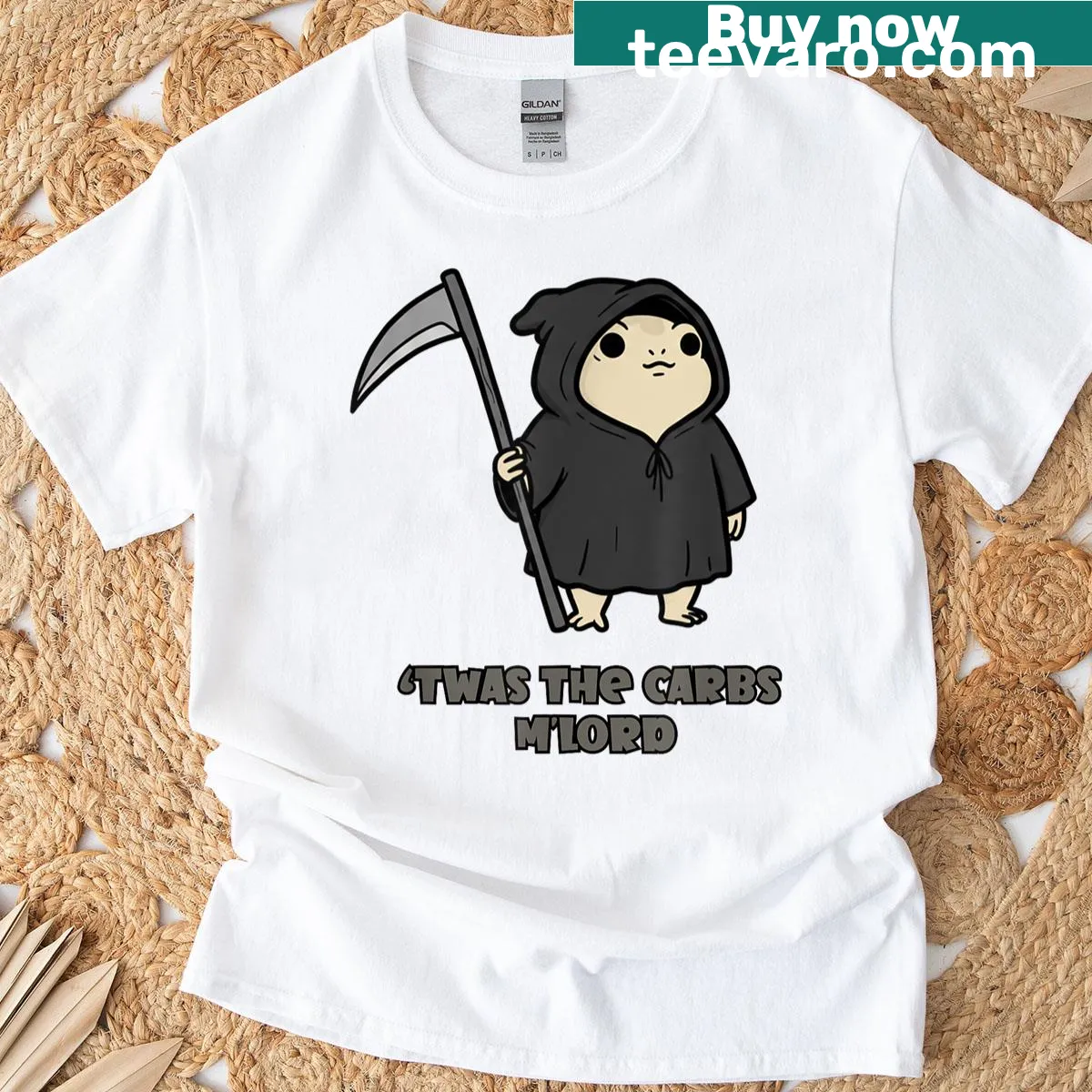 Cartoon graphic t-shirt with 'Twas The Carbs' text — on a men's t-shirt