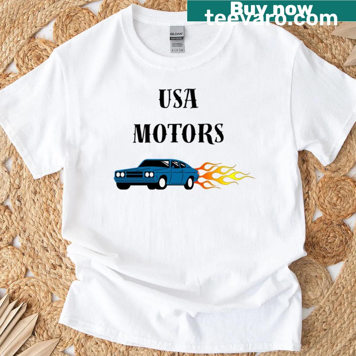 Classic American car-themed USA Motors t-shirt — on a men's t-shirt