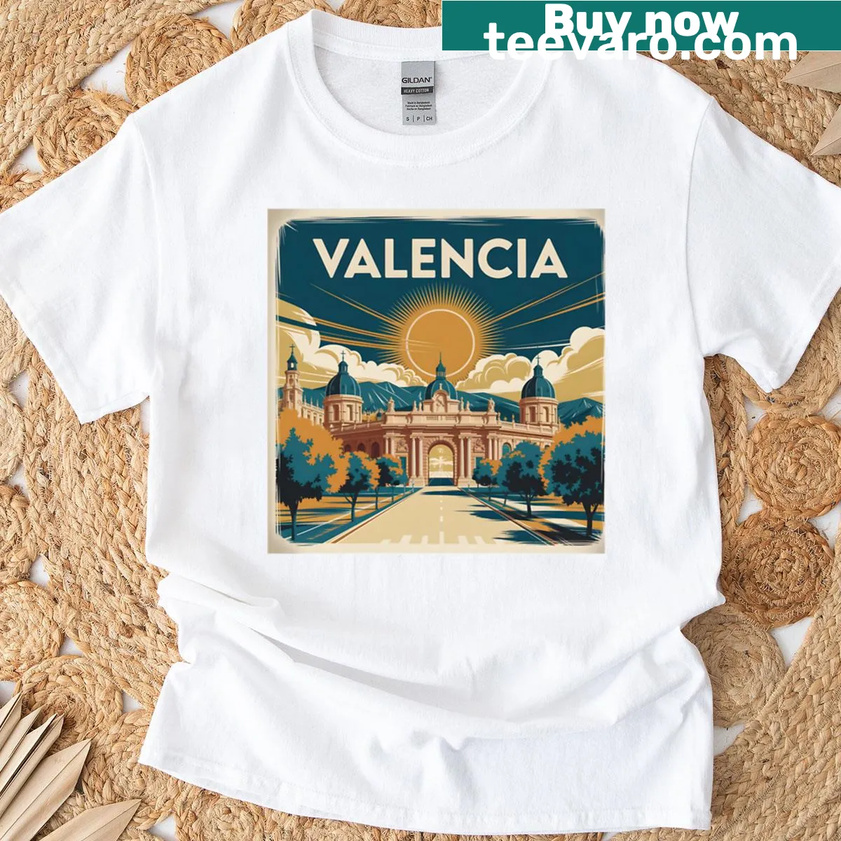 Oversized T-shirt with Valencia travel poster illustration — on a men's t-shirt