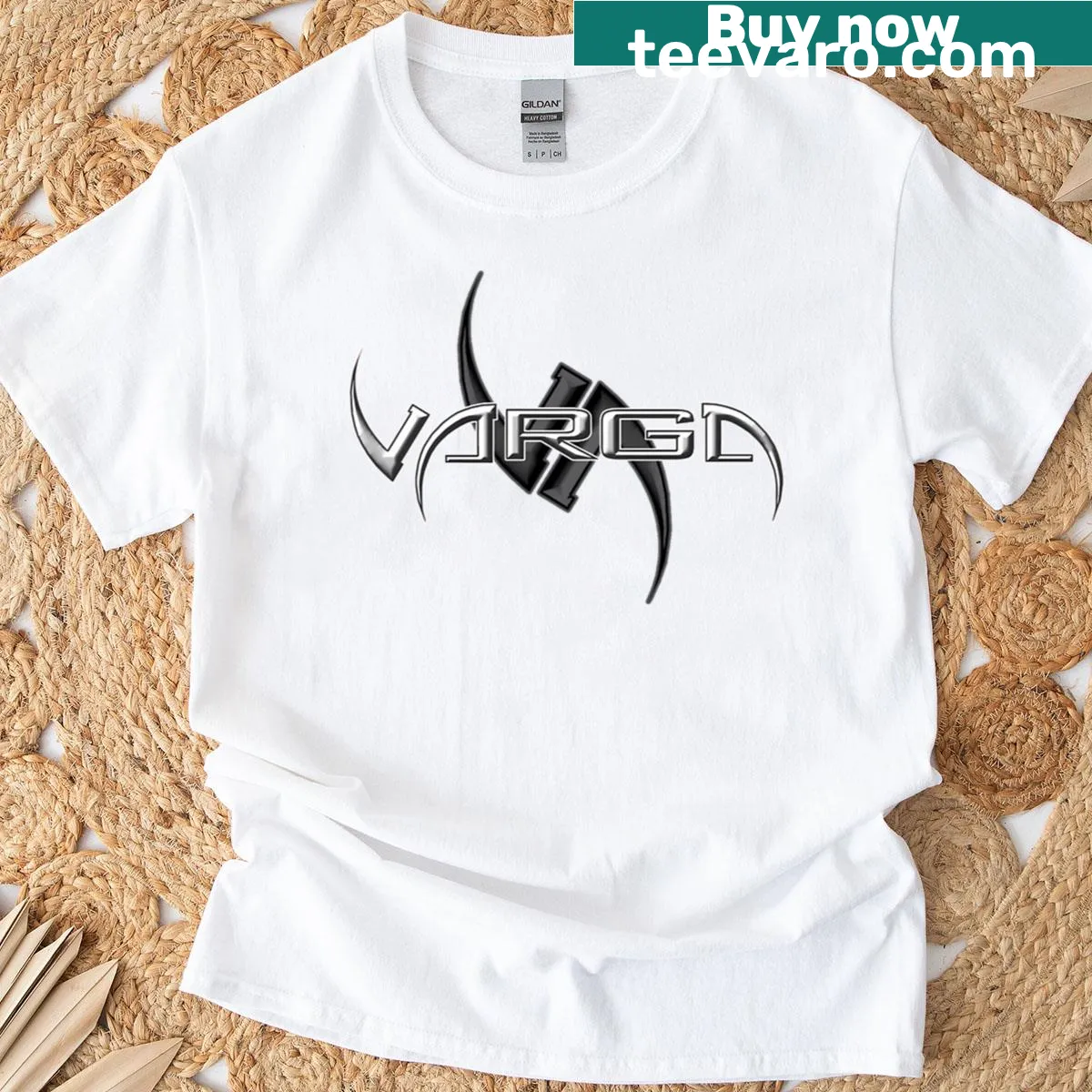 T-shirt featuring Vargas rock band logo and design — on a men's t-shirt