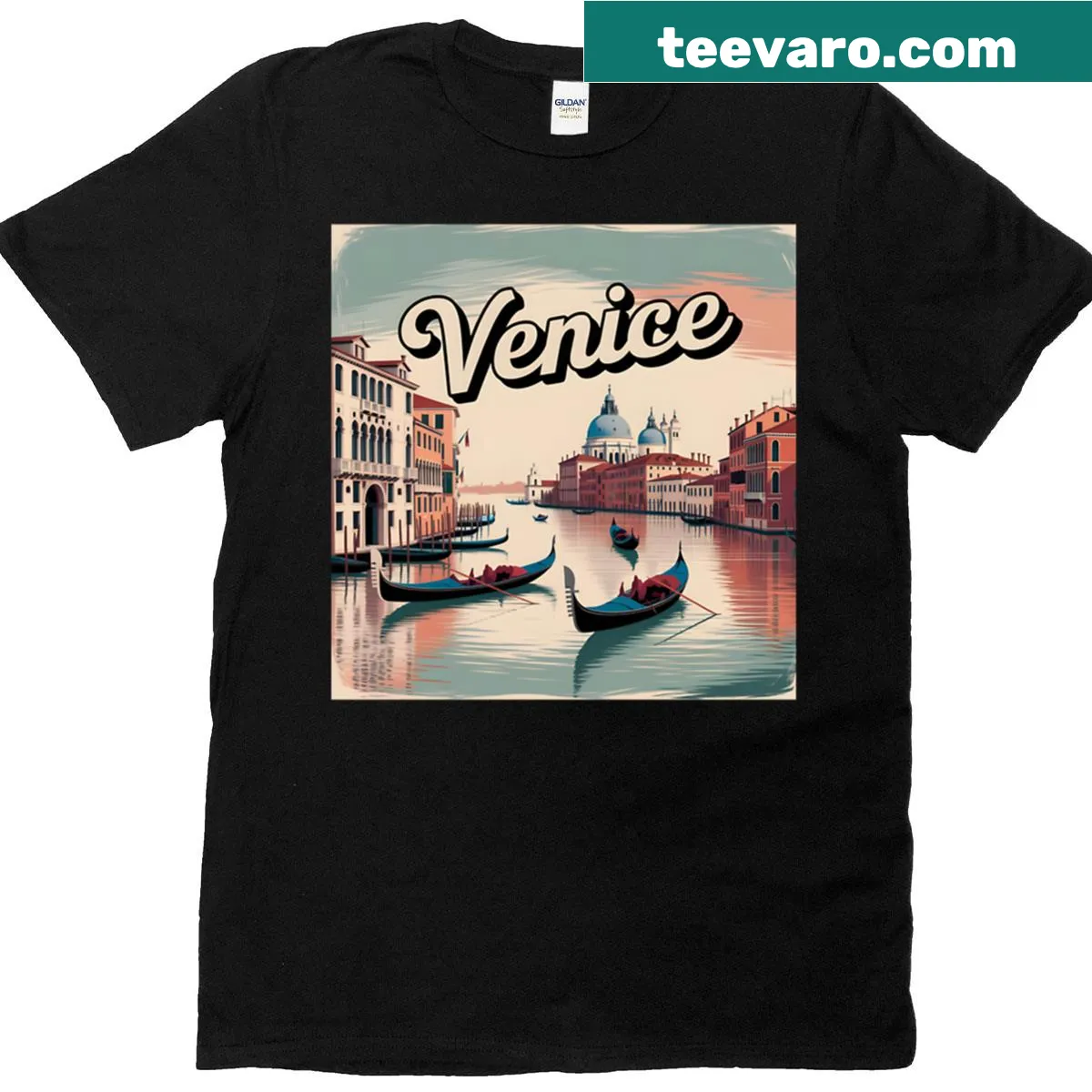 Illustrated Venice travel poster T-shirt featuring the city's iconic canals — on a men's t-shirt