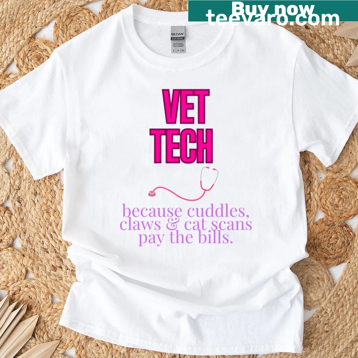 Cute t-shirt featuring a cuddly vet tech design — on a men's t-shirt