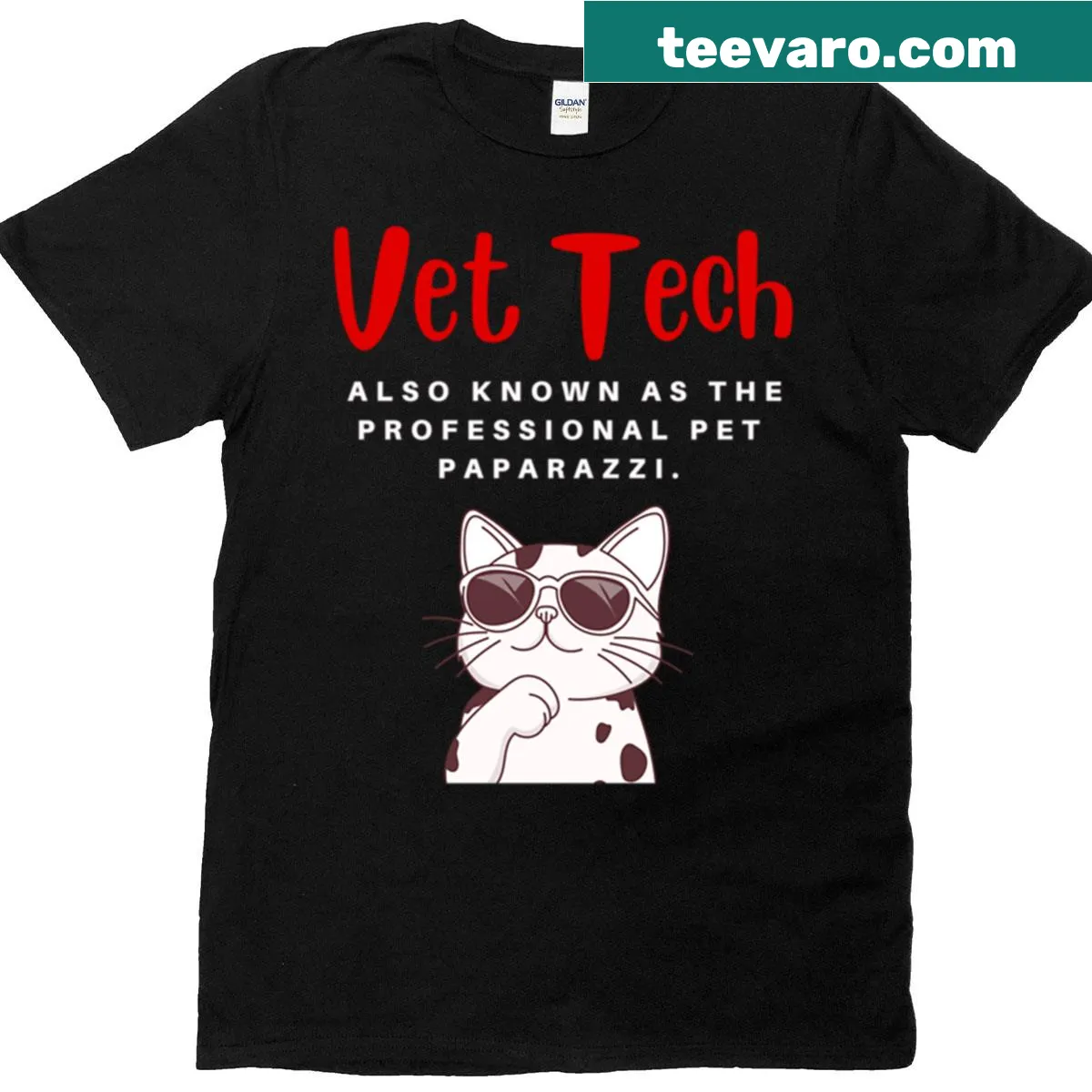 Veterinary technician-themed shirt with pet illustrations — on a men's t-shirt