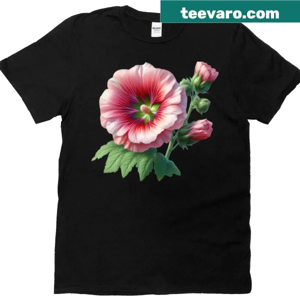 T-shirt featuring a pink hollyhock illustration in a cottage garden