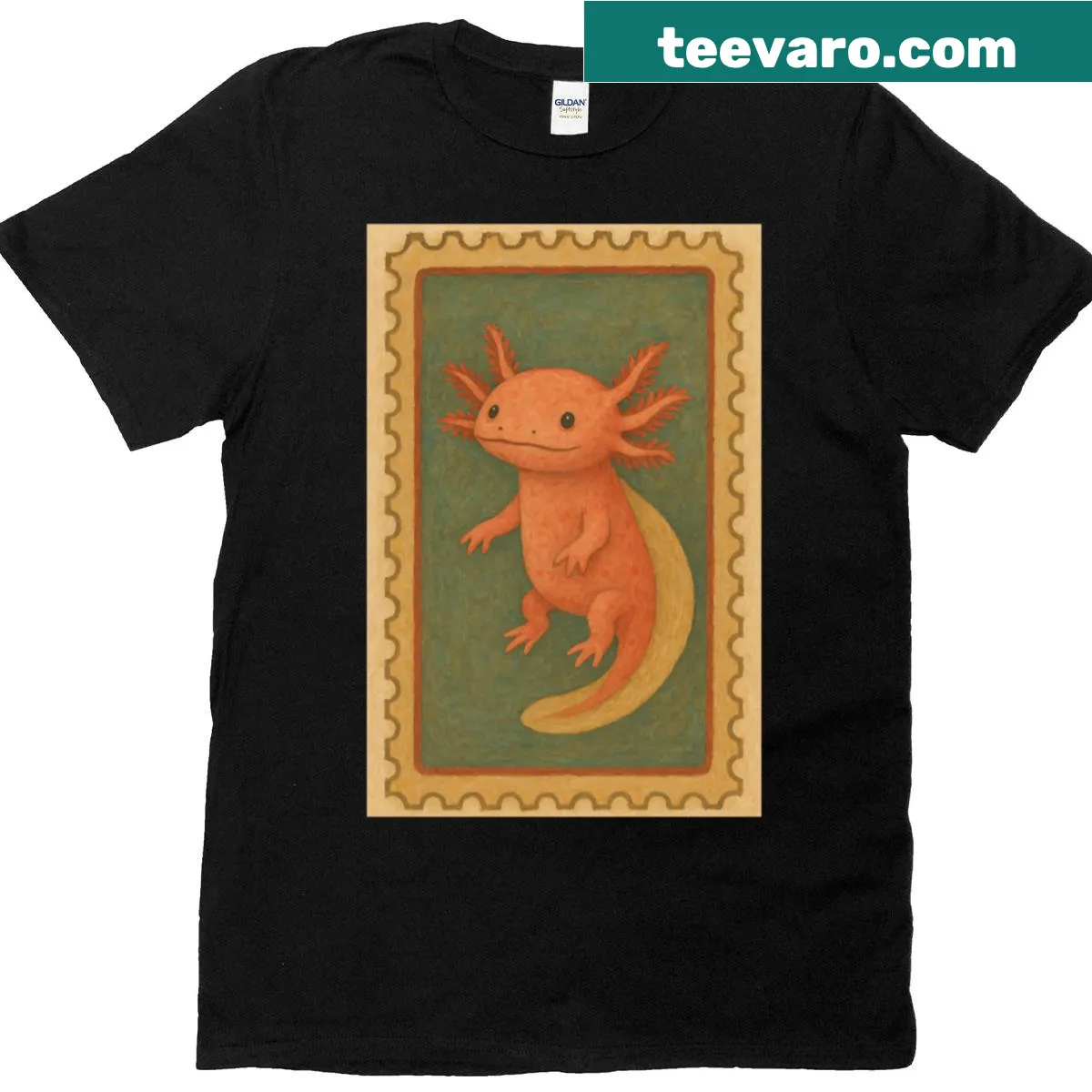Oversized t-shirt with vintage axolotl postage stamp illustration — on a men's t-shirt