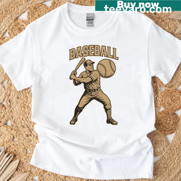 Vintage baseball illustration of a player swinging a bat on T-shirt