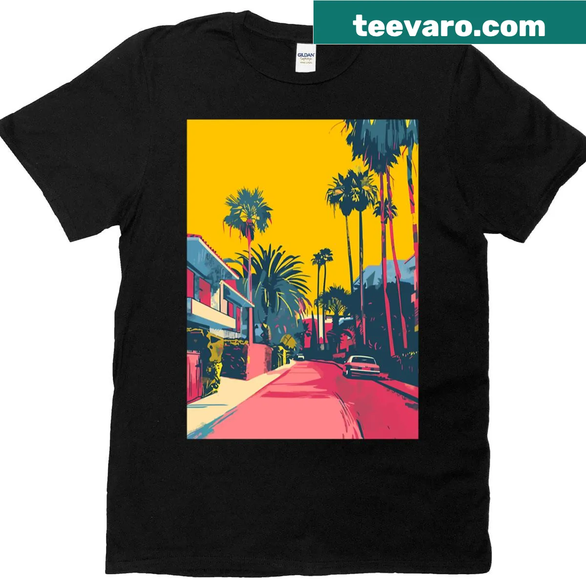 Minimalist T-shirt featuring an illustration of California Los Angeles — on a men's t-shirt