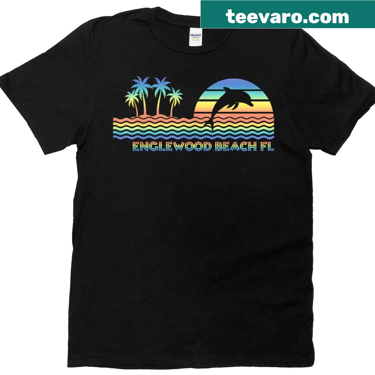 Vintage T-shirt featuring a retro dolphin graphic inspired by Englewood Beach — on a men's t-shirt