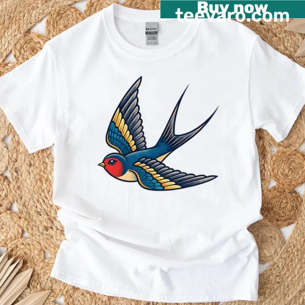 Vintage T-shirt showcasing a tattoo-style flying swallow graphic