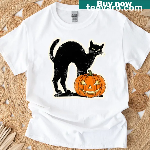 Vintage-style Halloween shirt featuring a black cat and pumpkin
