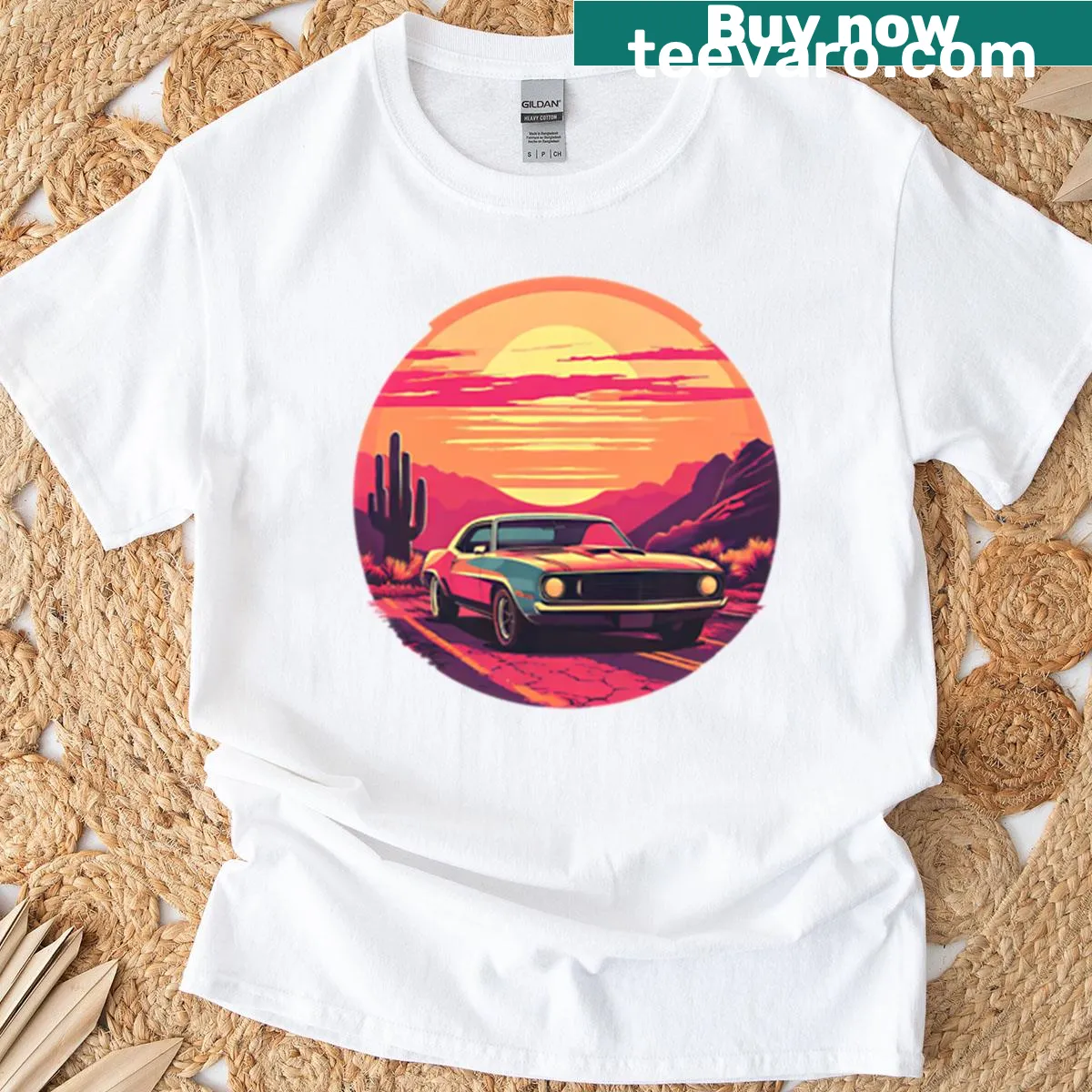 Retro t-shirt with a vintage muscle car design against a sunset — on a men's t-shirt