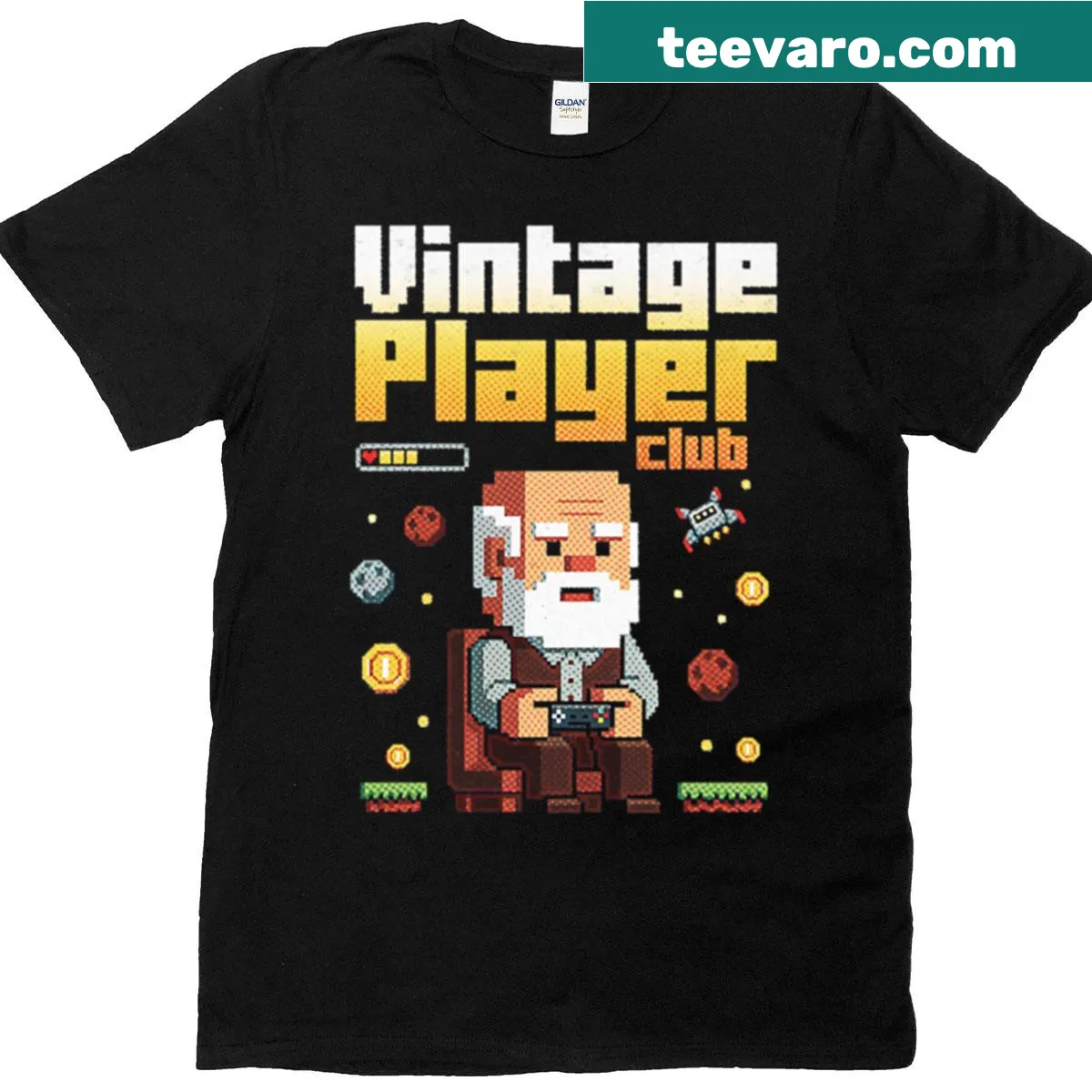 Vintage gamer grandpa t-shirt with retro player design — on a men's t-shirt
