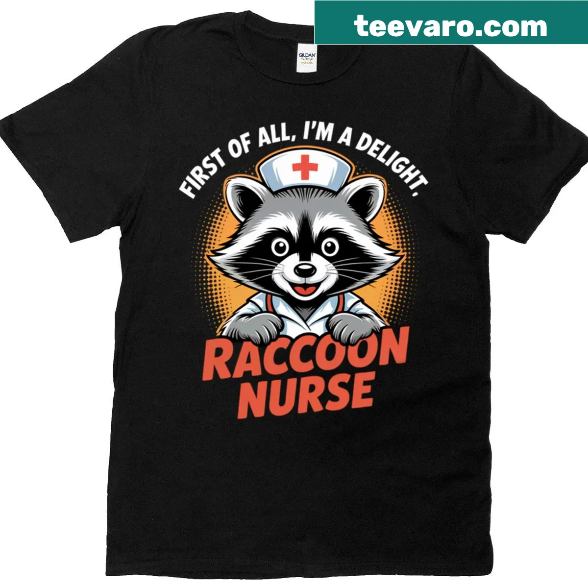 Oversized vintage cartoon raccoon nurse t-shirt with humorous text — on a men's t-shirt