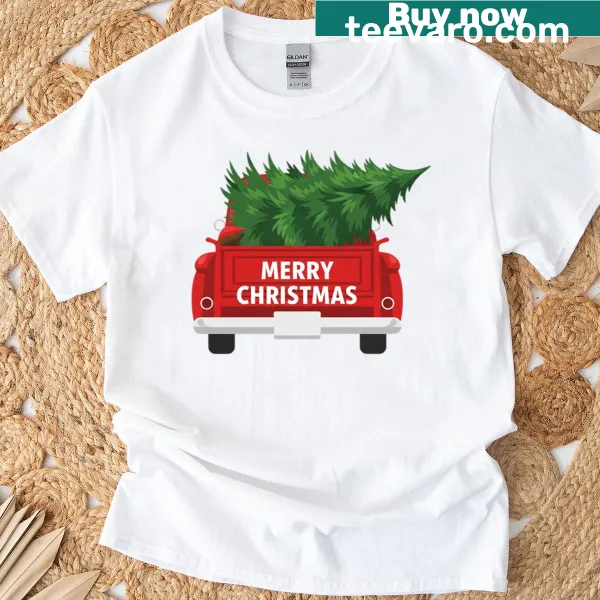 Vintage red truck carrying a Christmas tree illustration T-shirt