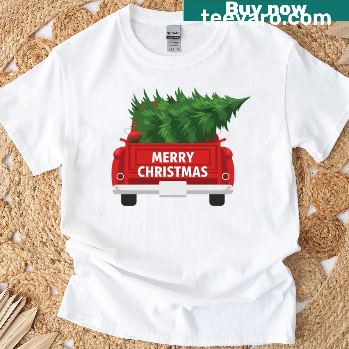 Vintage red truck carrying a Christmas tree illustration T-shirt — on a men's t-shirt