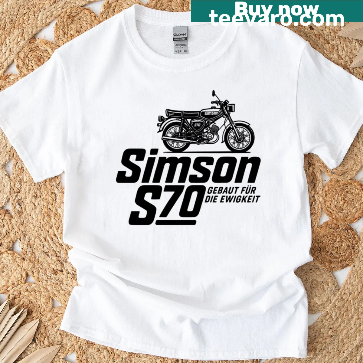 Vintage Simson S70 retro motorcycle graphic T-shirt — on a men's t-shirt
