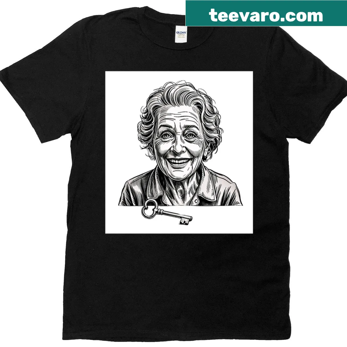 Vintage illustration of a smiling elderly woman on a t-shirt — on a men's t-shirt