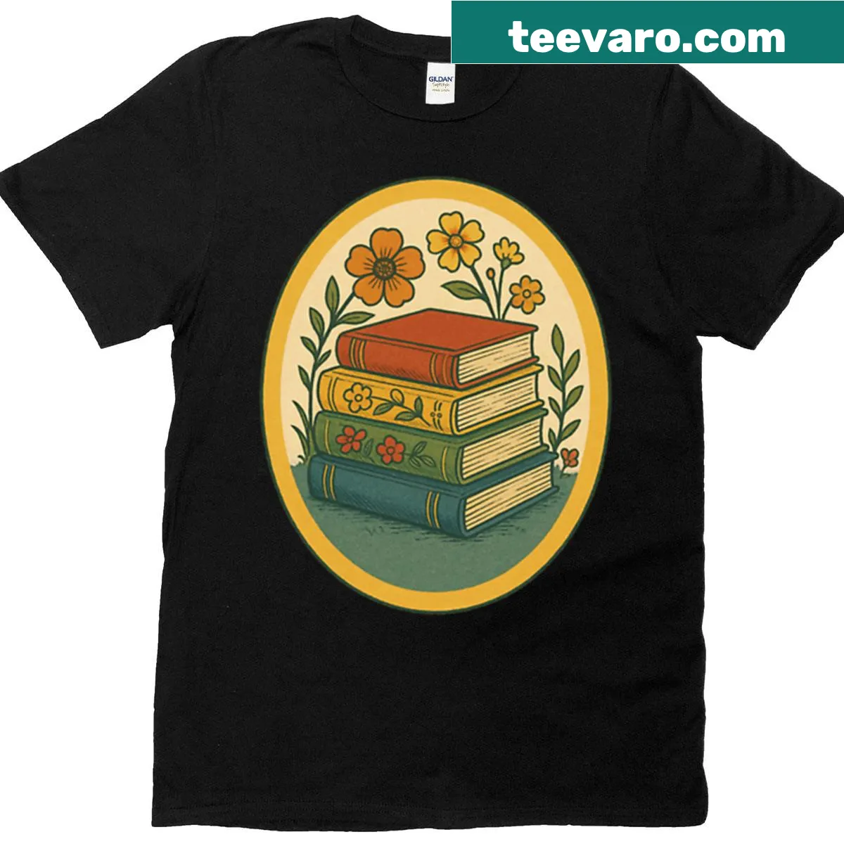 Oversized vintage t-shirt displaying a stack of books for readers. — on a men's t-shirt