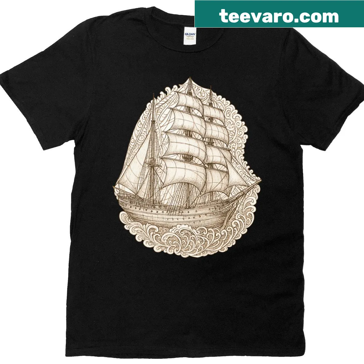 Tall ship illustration T-shirt with nautical border in sepia tone — on a men's t-shirt