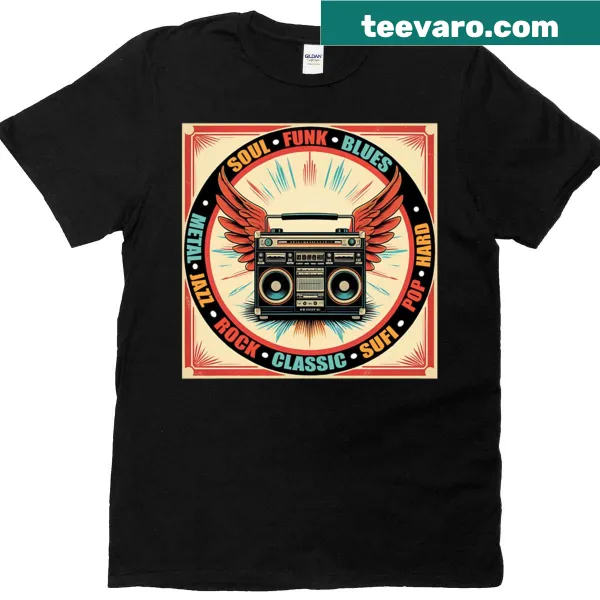 Vintage boombox graphic t-shirt featuring music genres