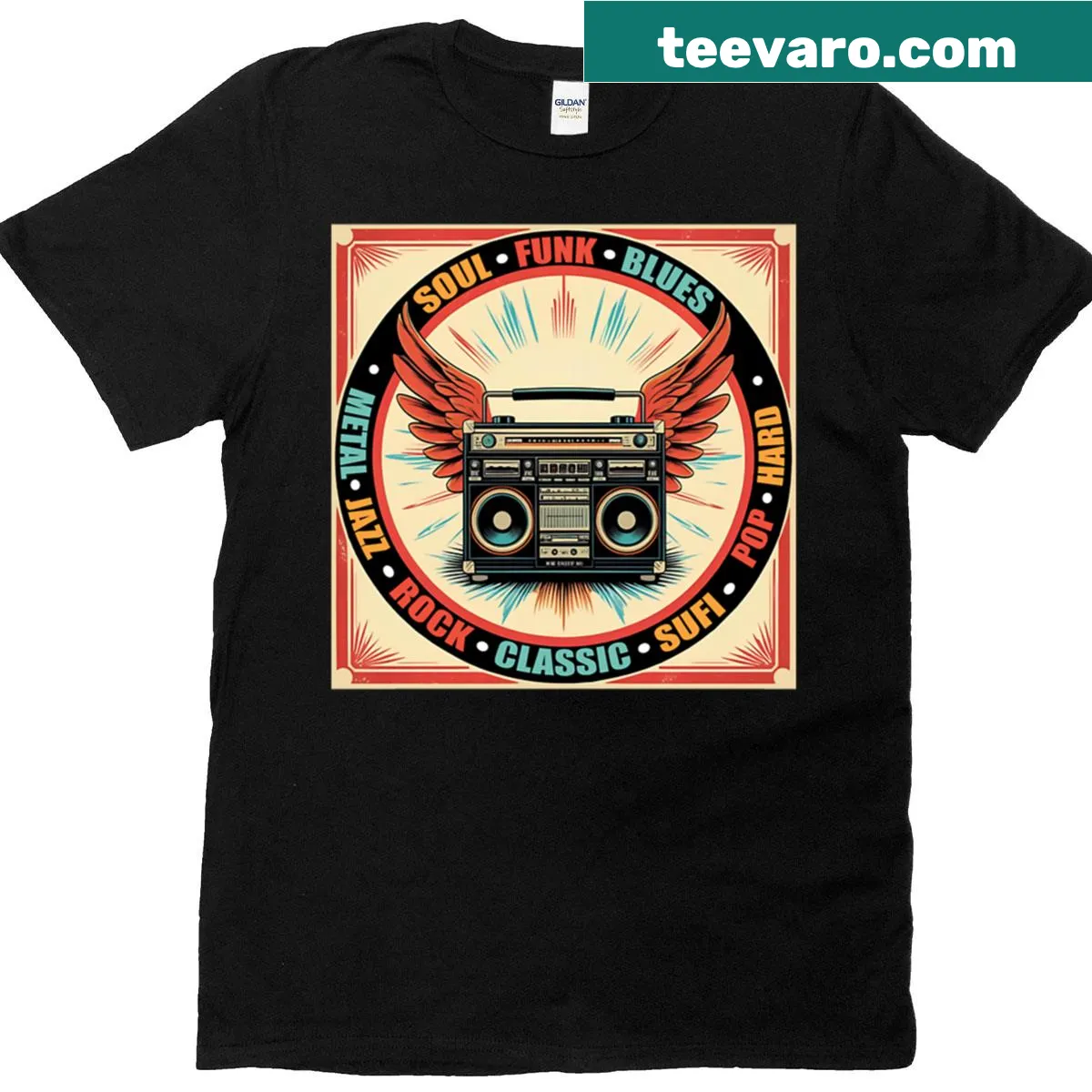 Vintage boombox graphic t-shirt featuring music genres — on a men's t-shirt