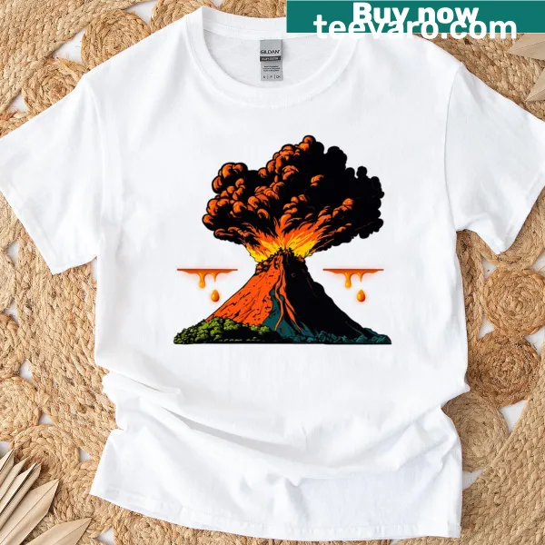 Illustrated volcano design on a T-shirt, showcasing eruptions and nature's power.