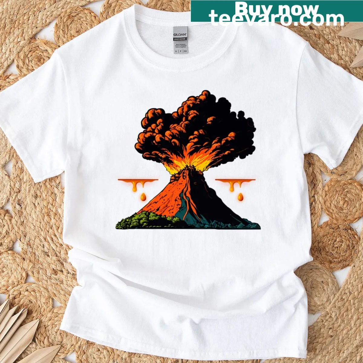 Illustrated volcano design on a T-shirt, showcasing eruptions and nature's power. — on a men's t-shirt