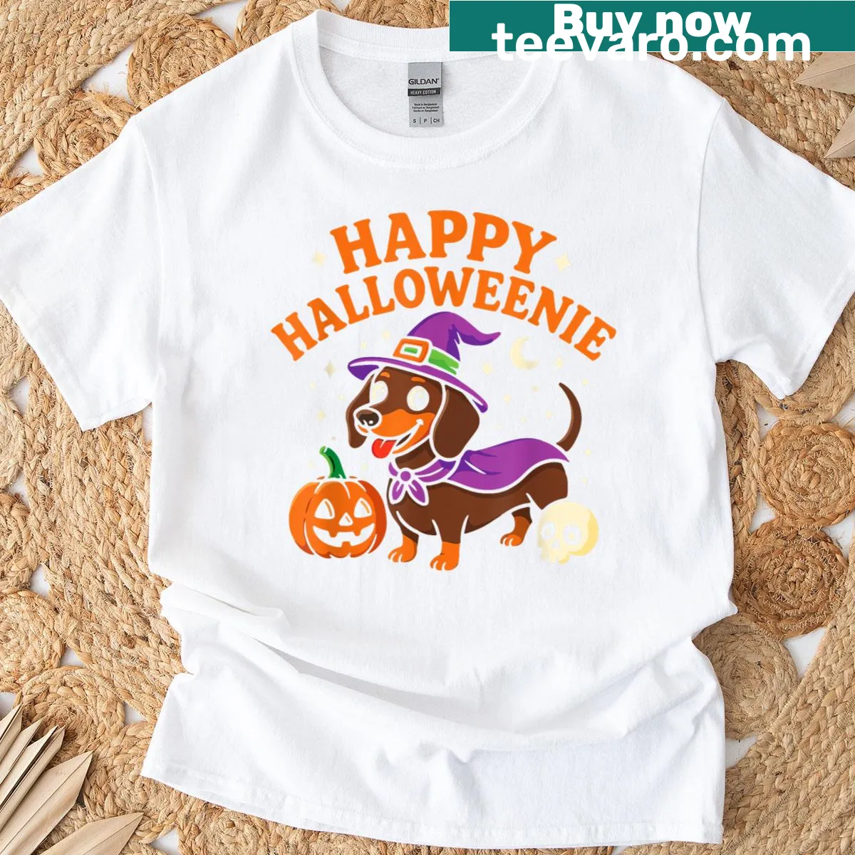 Cute Halloween t-shirt featuring a weiner dog in a witch costume — on a men's t-shirt