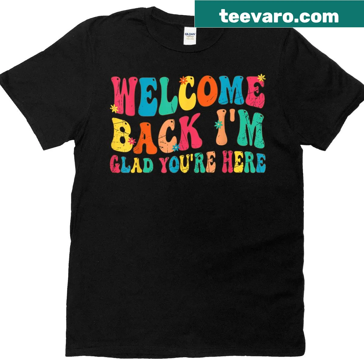 Retro groovy T-shirt with 'Welcome Back! I'm Glad You're Here' text — on a men's t-shirt